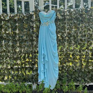 Light Blue Long Prom Dress with Beaded Details, Ruffle Faux Slit, Strapless